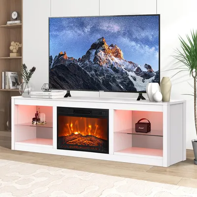 Image de Parrot Uncle Meuble TV pour téléviseur jusqu'à 75 pouces, MDF, blanc , avec cheminée électrique 24" et barre de LED changeant de couleur, 168 x 42 x 56 cm, capacité de charge 54 kg