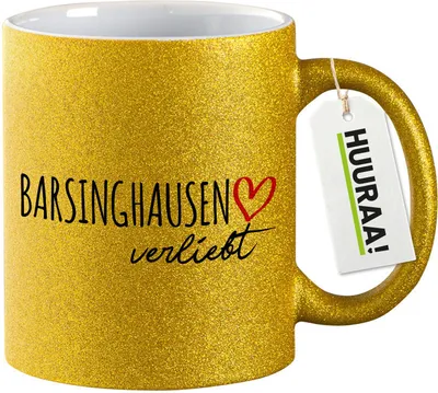 Produktbild von Huuraa Glitzertasse Barsinghausen verliebt 330ml Gold Keramik Kaffeebecher Geschenkidee