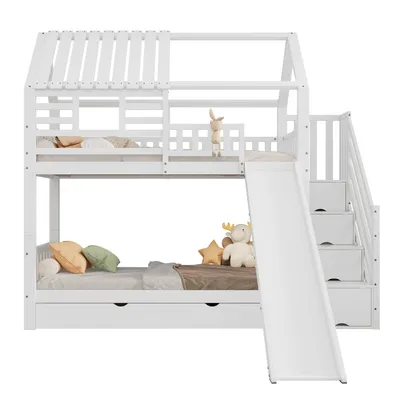 Produktbild von Etagenbett mit 2 Liegeflächen, Rutsche, Schubladen und Lattenrost, 90x200cm, Kinderbett mit Rausfallschutz