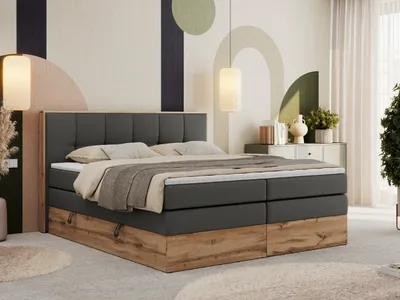 Produktbild von MKS MEBLE Boxspringbett, Doppelbett mit zwei Multipocket-Matratzen ALBERO 1 KING, Bettkästen und Kopfteil, Holzkiste in Wotan-Eichenfarbe - 180x200 cm - H4 - Dunkelgrau Kunstleder