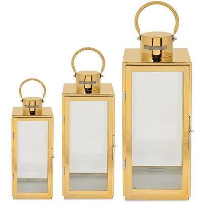 Produktbild von Laternen Set Gold 3er Gartenlaterne Metall Glas Windlicht Deko Garten Grablicht