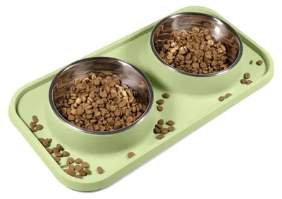 Immagine prodotto di Tappetino in silicone con ciotole in acciaio inossidabile per gatti e piccoli cani