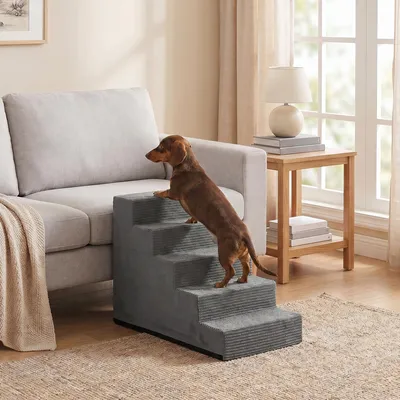 Produktbild von FEANDREA Hundetreppe für Kleine Hunde, 5 Stufen Waschbare Katzentreppe aus Schaumstoff für Sofa, 76 x 40 x 57 cm, Grau