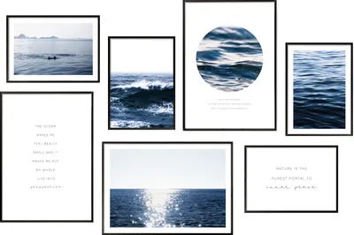 Produktbild von Hyggelig Home Premium Poster Set - 7 passende Bilder OHNE RAHMEN im stilvollen Set - Bild Wand Deko Wellen Meer - 3 x DIN A3 + 4 x DIN A4 - Set Blue Waves