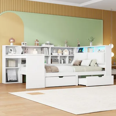 Zdjęcie produktu dla Łóżko platformowe w kształcie litery L, białe, 140 x 200 cm, z biurkiem i regałem na książki, oświetleniem LED, szufladami, tapicerowanym wezgłowiem, bez materaca