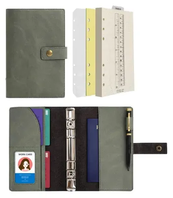 Image de Cahier à spirales A6, rechargeable, en cuir, avec papier ligné, idéal pour l'organisation, de couleur verte