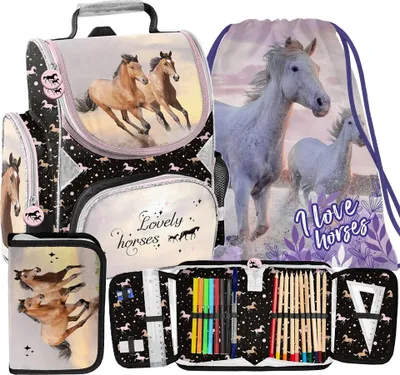 Produktbild von 3tlg Schulranzen mit PFERD Ergonomisch ranzen PFERDE rucksack fur MADCHEN SET FÜR SCHULKINDER – SCHULRANZEN + FEDERMAPPE + TURNBEUTEL