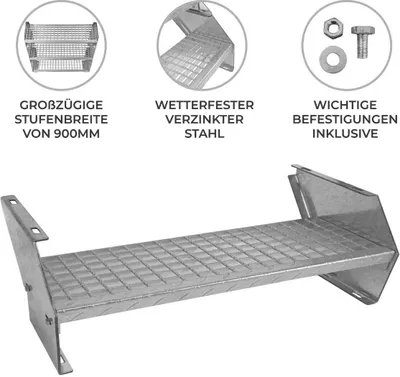 Produktbild von Zusätzliche Verzinkter Stahl Treppenstufe | für Gitterrost-Treppen | Höhenverstellbar & Erweiterbar | Wetterfest, Robust & Modular | für Außen Garten Terrasse | GRATIS Befestigungssatz [90cm breit]