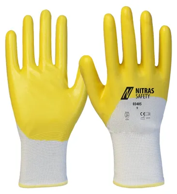 Produktbild von Handschuhe 03405 Gr.11 weiß/gelb PES m.Nitril EN 388 PSA II 12 NITRAS