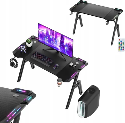 Zdjęcie produktu dla Biurko Gamingowe 120X60 Oświetlenie Led Ergonomiczne Z Hakiem Na Słuchawki