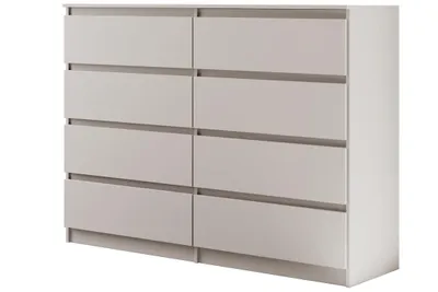 A modern, light gray dresser with eight drawers against a white background.