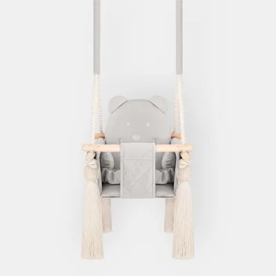 Image de Balançoire Bébé d’Intérieur en Velours Gris – Pour Bébés et Jeunes Enfants – Harnais de Sécurité, Design Ourson, Cadre en Bois – Fabriqué dans l’UE