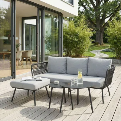 Produktbild von Gartenlounge MYKONOS, schwarz/grau - Balkon Lounge Sofa mit Dreisitzer, Hocker & Beistelltisch, wasserabweisende Kissen, wetterfest für Balkon und Terrasse