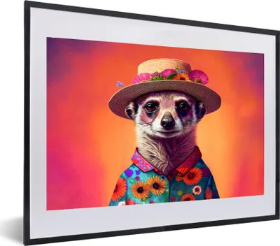 Produktbild von MuchoWow® Gerahmtes Poster Erdmännchen - Blumen - Hut - Tiere - Porträt 60x40 cm - Poster mit Schwarzem Bilderrahmen Wandposter Rahmen Foto Bilder - Schlafzimmer - Plakat in Rahmen - Drucken