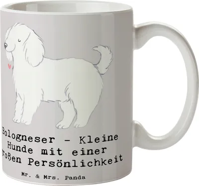 Produktbild von Mr. & Mrs. Panda Tasse Bologneser Charakterstark - Grau Pastell - Geschenk, Hunderassen Beschreibung, Vielfalt, große Persönlichkeit, Kaffeebecher, Pott, Hunde, Becher