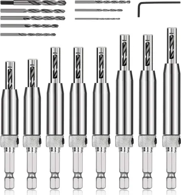 Produktbild von 17pcs VIX Bits selbst zentrierend Bohrer Set, 1/4" Hex Schaft selbst zentrierend Scharnier Bohrer Set für Holzbearbeitung Fenster Tür Scharnier, Schnellwechsel mit 1 Hex Schlüssel & 8 Bohrer 5/64-1/4"