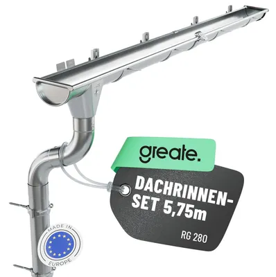 Produktbild von greate 5,75 Meter Dachrinnen Set mit Fallrohr verzinkt inkl. Montageanleitung - 280 Regenrinne Set