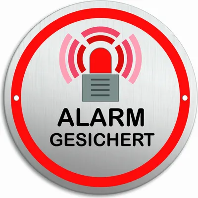 Produktbild von Schild Alarm Alarmgesichert Ø 100 mm Stärke 1 mm Aluminium Edelstahloptik 2-fach gelocht