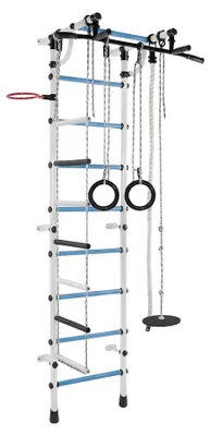 Produktbild von Sprossenwand für Kinder Indoor Klettergerüst aus Metall mit Strickleiter und Gymnastikräder – Gamma Plus, blau
