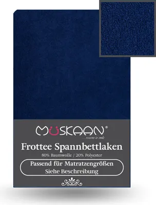 A dark blue fitted sheet with a close-up inset showing the texture of the fabric.