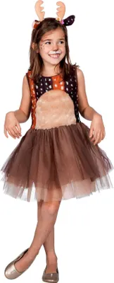 A young girl is posing in a deer costume against a white background.