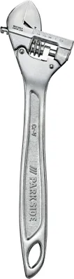 A silver adjustable wrench on a white background.
