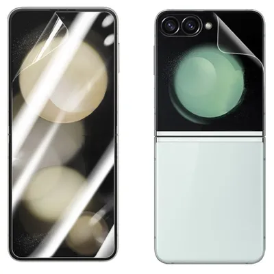 Two images of a foldable smartphone with screen protectors applied.