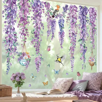 Produktbild von Fensterbilder mit lila Blumen und Reben für hängende Pflanzen