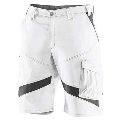A pair of white and dark gray cargo shorts.