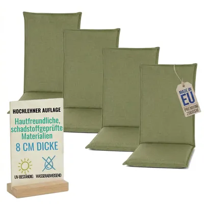 Produktbild von Pillows24 - 4x Hochlehner Auflagen 120x50x8 cm | Bequeme & Wetterfeste Gartenstuhlauflagen | Polster Sitzkissen für  Gartenmöbel |   EU | Grün