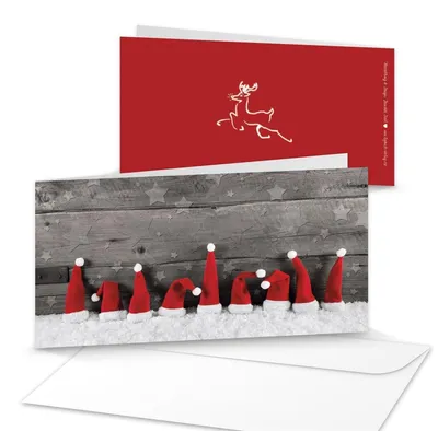 Produktbild von Umschläge + Weihnachtskarten DIN lang Klappkarten Holz-Optik mit Zipfelmützen-Motiv rot weiß 10 Stück10 Stück