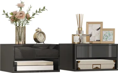 Obrázek produktu pro Sada 2 závěsných nočních stolků – noční komoda – vznášející se design – s 1 zásuvkou – dřevo – 37x32x21 cm – černá lesklá povrchová úprava