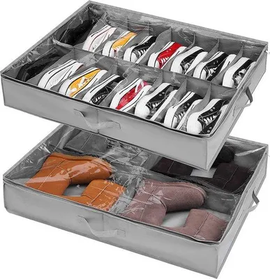 Produktbild von Unyqoos® Unterbett-Schuhbox 2er-Set – transparente, faltbare Aufbewahrungsbox mit verstellbaren Trennwänden und Bodenunterstützung, geeignet für 16+4 Paar Stiefel