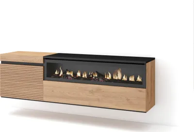 A modern, wall-mounted TV cabinet with a built-in electric fireplace, made of wood.