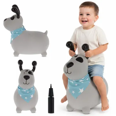 A collage of images showing a child playing with a grey inflatable dog toy, a close-up of the toy, and the toy itself.