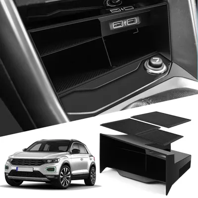 Image de Boîte de rangement pour console centrale, compatible avec les modèles VW T-Roc de 2018 à 2025, couleur noire, en ABS