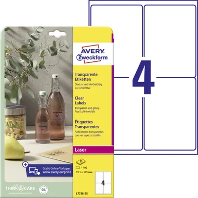 Produktbild von Avery Zweckform L7786-25 Transparente Etiketten, A4, 99,1 x 139 mm, 25 Bogen/100 Etiketten, transparent