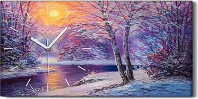 Produktbild von Dekor Leinwand Uhr Wandbilder Kunstdruck 60x30 Winter Wald Bäume Fluss Sonne - weiße Hände