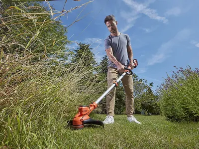 A man is using a string trimmer in a garden with tall grass and lavender bushes.