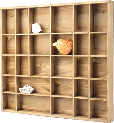 Produktbild von Woodweaver Holzregal | 28 Fächer | 45x40x3,5cm | Hellbraun | Schatten-Kuriositätenkasten | Für Ü-Ei Figuren, Mini-Autos, Mineralien, Steine, Muscheln