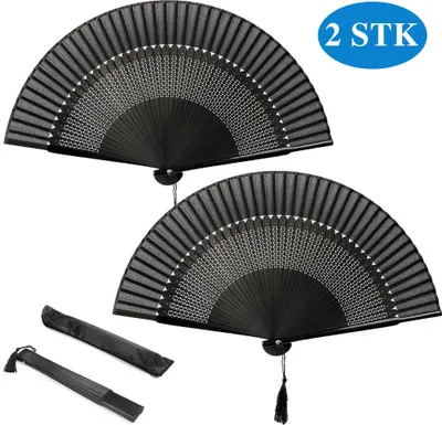 Produktbild von 2STK Handfächer Japanischer Faltfächer Klappfächer Vintage Stil Damen Herren Bambus Folding Fans Fächer für Wanddekoration Hochzeit Geschenk Muttertag Party Kostüm - Schwarze hohle Dreieck