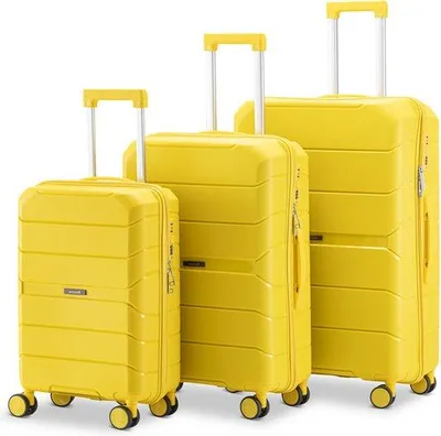 Produktbild von SKYCASES Urban Adventurer – 3 teiliges Hartschalenkoffer-Set aus Polypropylen – 360 Grad Rollen und Zahlenschloss - 44 L | 79 L | 110 L - Gelb