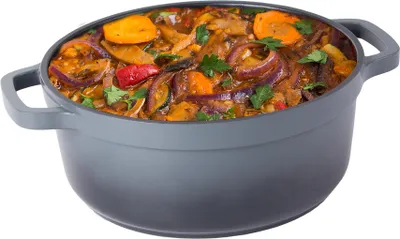 A close-up, slightly angled view of a gray pot filled with a stew.