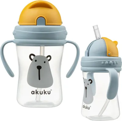 Produktbild von Wasserflasche mit einziehbarem Strohhalm und Griffen, 300 ml, Teddybär