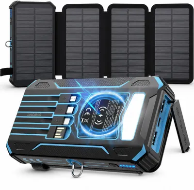 Immagine prodotto di Batteria solare portatile Linomag® da 20000mAh, ricarica rapida 3A, ricarica wireless 15W, 4 pannelli solari pieghevoli, 4 cavi integrati, 3 porte USB, torcia LED, colore blu