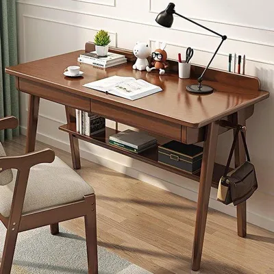 Productafbeelding van Massief houten bureau - Schrijftafel met lades - Thuiswerken en studeren - Met opbergplank en haken - 120 cm breed