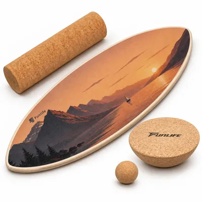 Imagen del producto de Conjunto avanzado de tabla de equilibrio 3 en 1 FunLife, con 3 tapetes de corcho, una tabla de madera de abedul de 80x30 cm con rodillo de corcho, una cúpula y una esfera, y 3 tipos de entrenamiento. Modelo: FJORD SUNSET, Imagen generada por IA