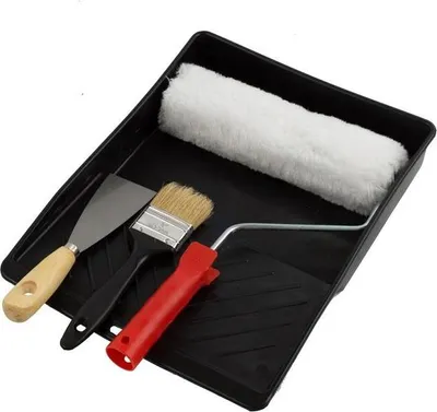 A painting set including a paint tray, roller, brush, and spatula, laid out on a white background.