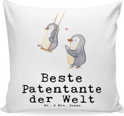 Produktbild von Mr. & Mrs. Panda Kissen 40x40 Pinguin Beste Patentante der Welt - Weiß - Geschenk, Nichte, Bedanken, zier, Dankeschön, Dekokissen Sofa, kuschelkissen, Familie, bedruckt
