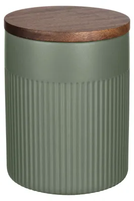 Produktbild von SCHÖNER WOHNEN-Kollektion Aufbewahrungsdose Mod. REFIA luftdicht Keramikdose für Küche 1,1 Liter Füllmenge mit Akazienholzdeckel grün 12 x 15,5 cm Keramik Holz Silikon